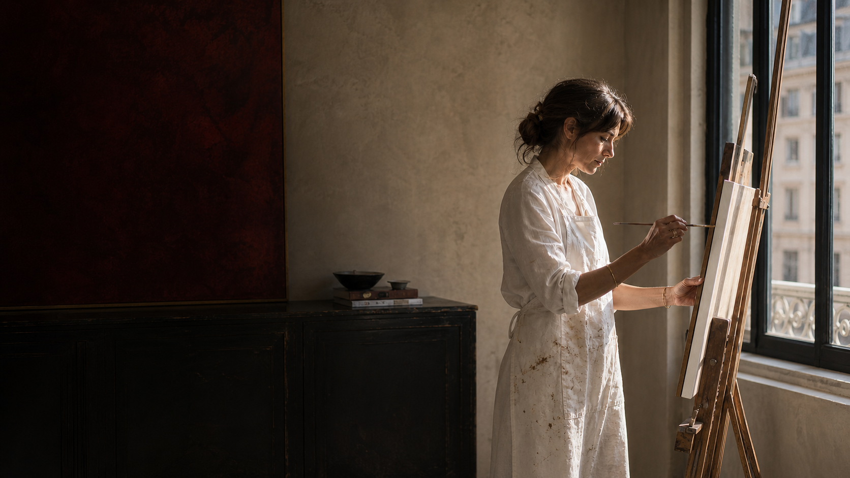 A painter at her easel in warm daylight — Aurea Vital editorial