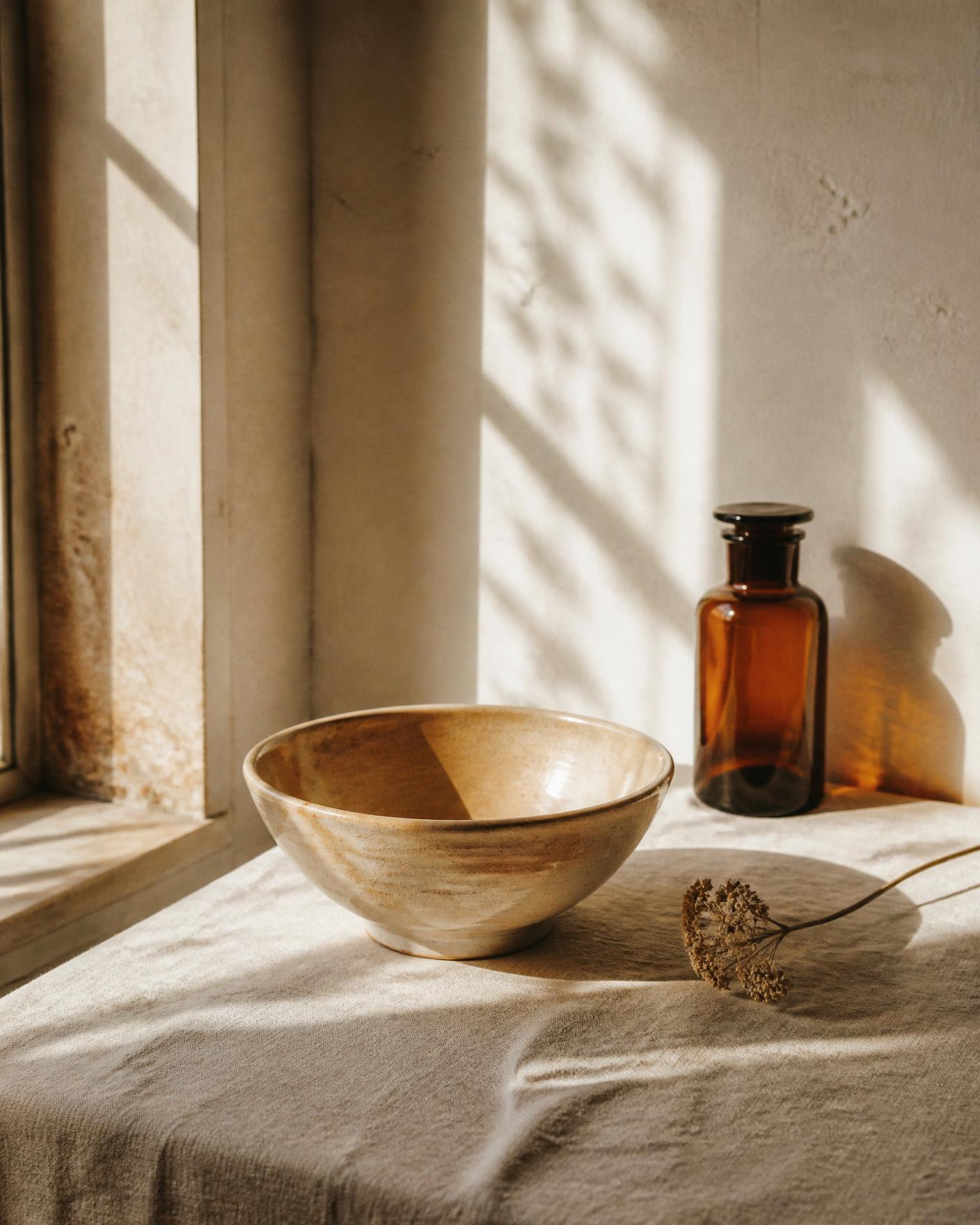 Ceramic bowl, amber apothecary bottle and a dried stem in warm daylight