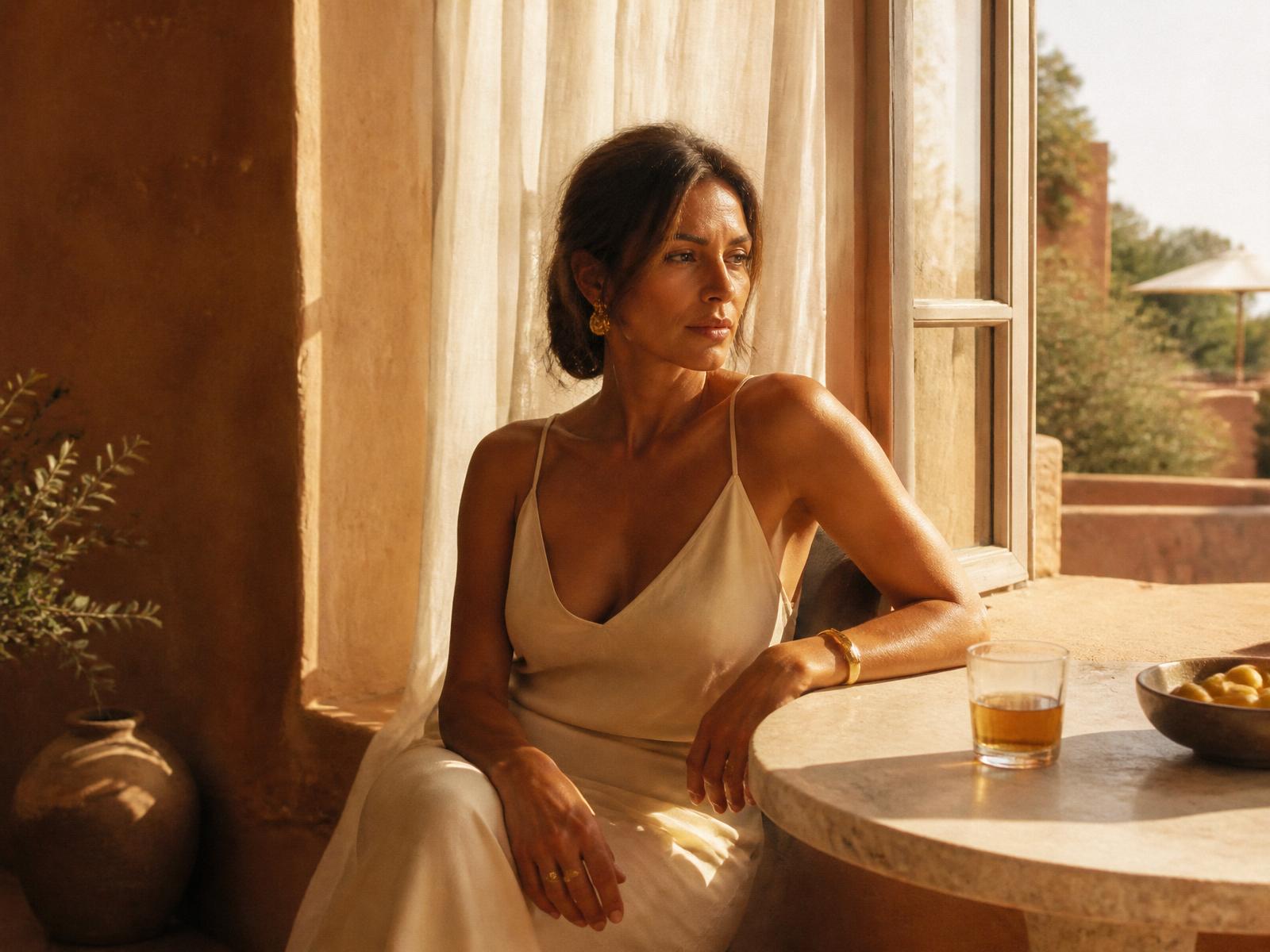 A woman at a sunlit Mediterranean window in warm afternoon light — Aurea Vital editorial
